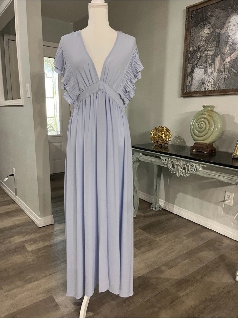 SHEIN Pale Blue V-Neck Ruffle Sleeve Maxi Dress